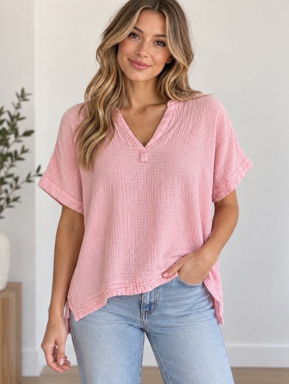 5/$25 L.L. Bean Pink Textured V-Neck Gauze Tunic
